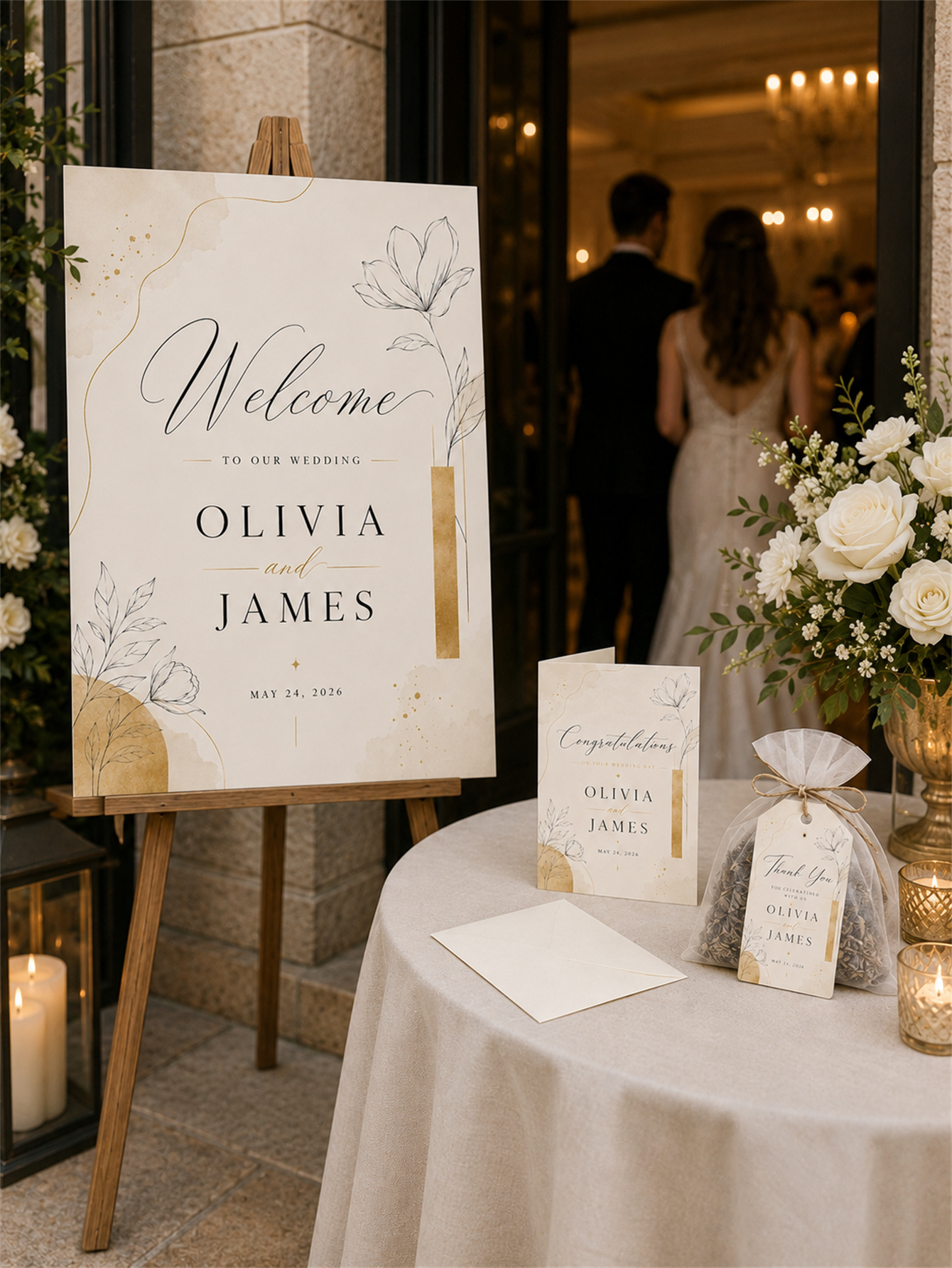 Gray-blue and romantic wedding decorations - garden arch design - custom names and dates